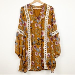 Entro Peasant Boho Tunic L Floral Crochet Mustard